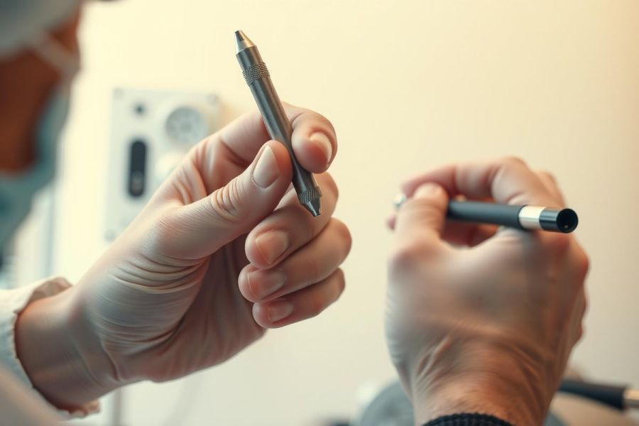 Close-up of hands holding a black pen against a blurred background. Focus is on the pen and hands. The image features a simple, minimalist aesthetic with muted colors.