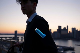 The image features a young adult standing with their back to the camera, gazing into the distance. The individual is wearing a dark-colored suit and tie, suggesting a formal or business attire. They have short hair and are positioned against an urban skyline during sunset or sunrise, with a bridge faintly visible in the background. There's a blue object attached to their back that appears to be a strap for carrying something on their shoulder. The overall ambiance of the image is calm and introspective.