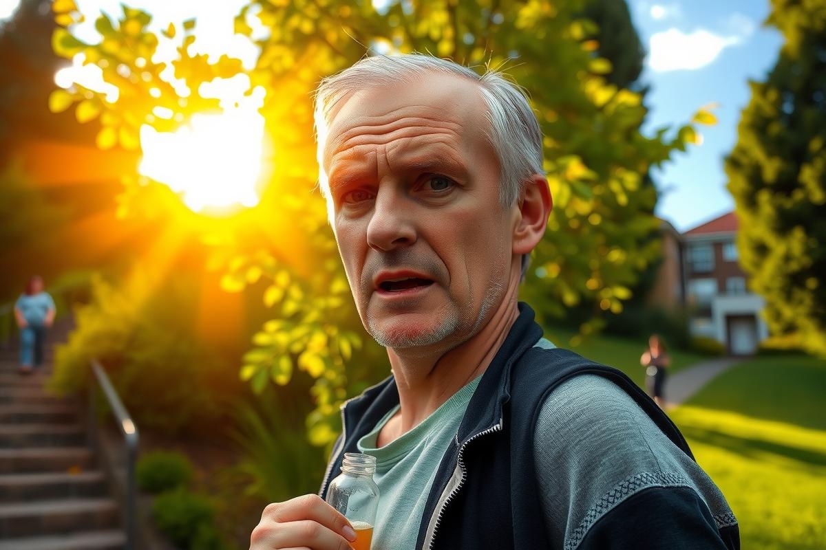 The image features a man with gray hair, walking on what appears to be a sunny day. He is dressed in casual clothing suitable for outdoor activity and seems to be enjoying the weather. The environment suggests a park or a similar recreational area, as indicated by the grassy patches visible in the background. The overall scene conveys a sense of leisure and relaxation.