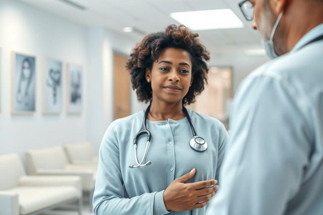 Healthcare professional, a Black female doctor, consults with a patient in a modern, brightly lit clinic. The image features a stethoscope, medical setting, and focuses on patient care and communication. Blue and white tones dominate the scene.