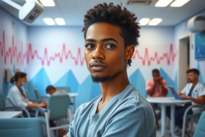 A man in a medical scrub looking at the camera while sitting in an environment that resembles a hospital or clinic. The space is brightly lit and features medical equipment such as heart monitors on the wall.