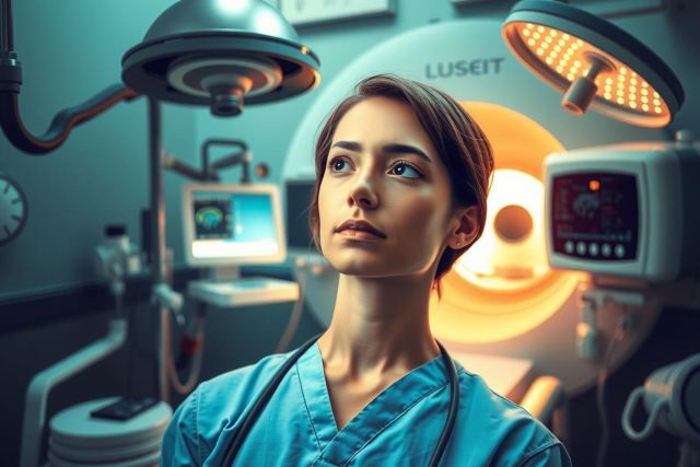 The image shows a person wearing medical scrubs, indicating their role as a healthcare professional. They are standing in what appears to be an operating room or a medical imaging suite, given the presence of diagnostic equipment such as MRI machines and monitors.