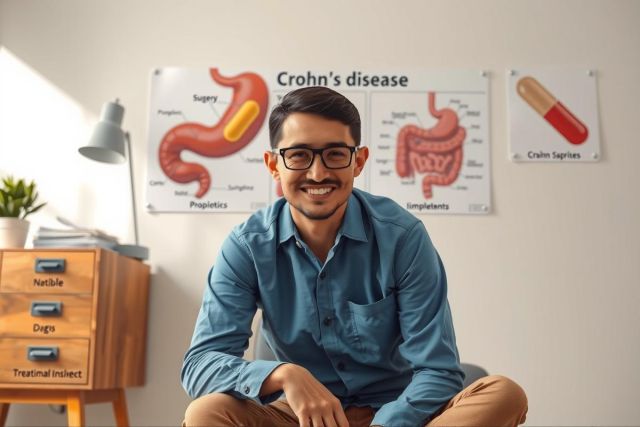 A man wearing glasses is seated in an office environment. He has a light blue shirt and sits in front of an easel with posters about Crohn's disease.