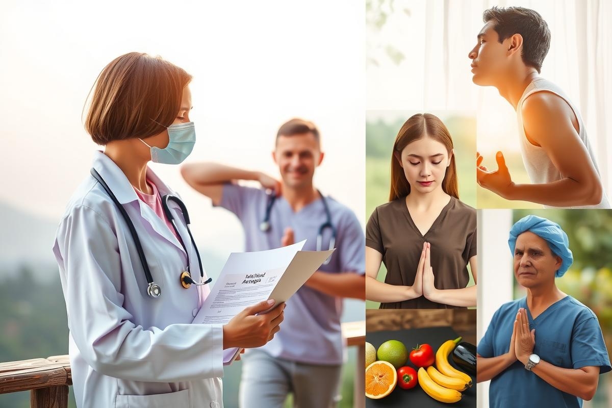 A collage of nine photos showcasing diverse healthcare professionals and individuals engaged in activities like practicing yoga, eating well, wearing masks for safety, medical consultations, and promoting overall well-being.