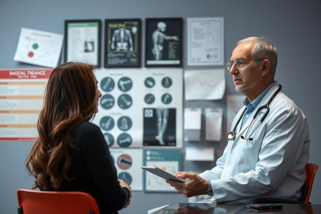 This image captures a medical office setting with a doctor and patient. The doctor, clad in professional attire including a white coat, is seated at a desk examining the woman. She appears to be his patient. The environment includes common elements like medical charts, a desk, and chairs suggesting a clinical or consulting room. Both individuals are engaged in a serious discussion, indicating an ongoing medical consultation.