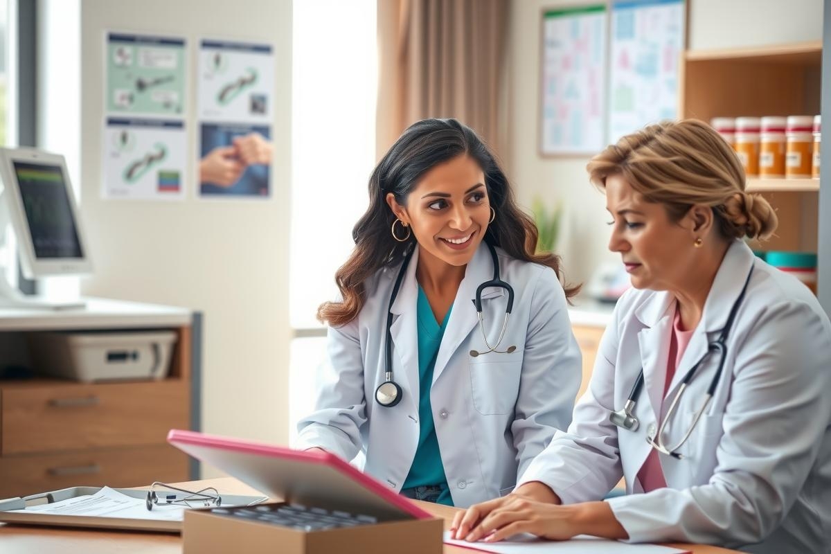 The image portrays a professional office environment where two female physicians are engaged in a discussion. They appear to be sharing information on a computer screen, possibly reviewing patient records or medical data.