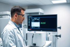 Scientist in lab coat analyzing data on a monitor in a modern laboratory. The image showcases scientific research, technology, and a clean, bright environment with a focus on data analysis and laboratory equipment. Predominant colors are white, gray, and blue with a green data display.