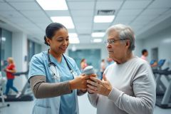 A healthcare professional assists an elderly woman with medication in a bright, modern rehabilitation center. The scene features exercise equipment and other patients in the background, suggesting physical therapy or senior care. Warm and cool tones create a welcoming atmosphere.