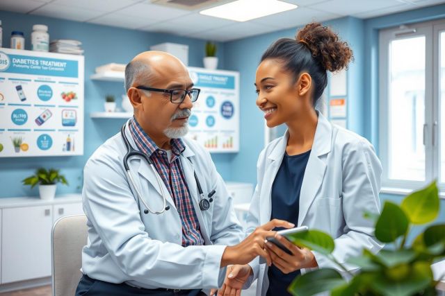 The image shows two doctors in a clinical office environment. On the left, there's an older gentleman with glasses, wearing a white coat and stethoscope.