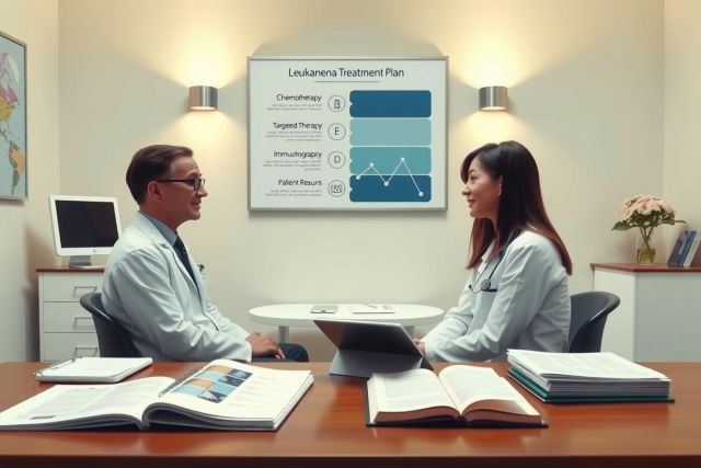 The image is a screenshot from a computer simulation showing two doctors in an office environment, discussing patient treatment with a presentation on the wall behind them.