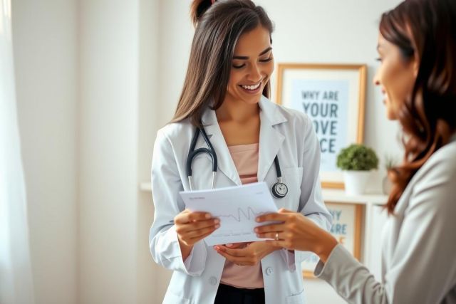 Doctor reviewing patient's documents in a bright, modern clinic setting. Healthcare professional in white coat with stethoscope, showing paperwork. Focus on patient care and medical consultation.
