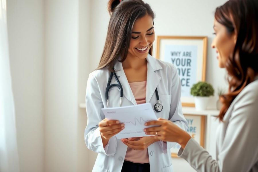 Doctor reviewing patient's documents in a bright, modern clinic setting. Healthcare professional in white coat with stethoscope, showing paperwork. Focus on patient care and medical consultation.