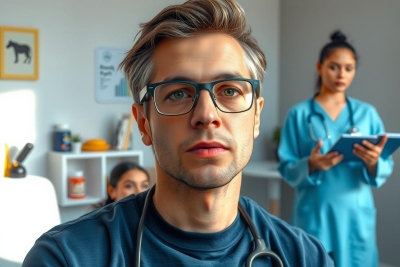 A doctor, wearing glasses and a blue gown, is seated at a desk in an office. The office has modern decor with pastel colors, and there's another person, possibly a nurse or medical assistant, standing behind him on the right side of the frame.