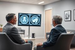 Medical consultation scene. Two men in suits, one wearing a mask, view an MRI scan displayed on a monitor in a modern, neutral-toned clinic waiting room. Focus on healthcare, diagnosis, and patient discussion.