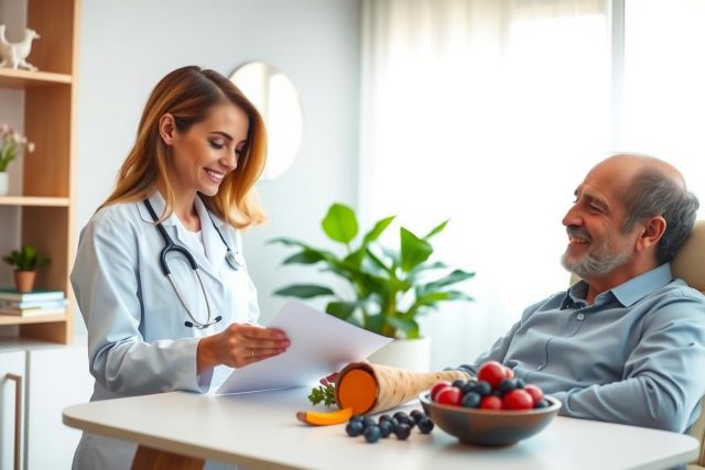 Doctor reviewing patient records during a home visit. Healthcare professional with stethoscope examining an elderly man in a brightly lit room. Focus on medical care and wellness.