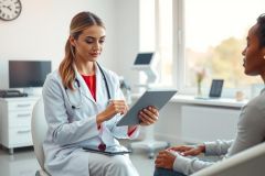 Doctor examining a patient in a clinic, holding a tablet. Healthcare professional consultation, medical checkup, digital health records, modern medical practice.