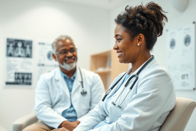 Doctor and healthcare professional in a modern clinic setting. Two smiling individuals, one older with a beard, both wearing white coats and stethoscopes, engaged in conversation. Medical posters visible in the background. Focus on healthcare, patient care, and medical professionals.