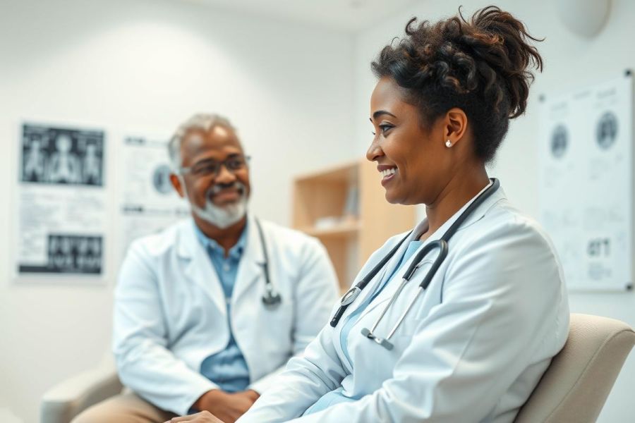 Doctor and healthcare professional in a modern clinic setting. Two smiling individuals, one older with a beard, both wearing white coats and stethoscopes, engaged in conversation. Medical posters visible in the background. Focus on healthcare, patient care, and medical professionals.