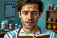Image of a young man in medical attire, looking surprised or concerned while reading a book. The setting appears to be an office with a bulletin board and various medical supplies visible.