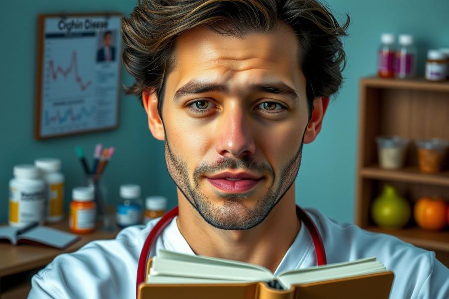 Image of a young man in medical attire, looking surprised or concerned while reading a book. The setting appears to be an office with a bulletin board and various medical supplies visible.