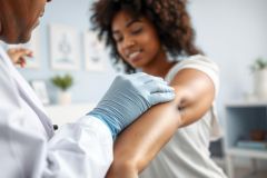 Doctor administering a flu shot to a young woman in a medical office. Healthcare scene with a focus on preventative medicine and wellness. Blue gloves, white coat, and a light blue background create a clean, clinical feel.