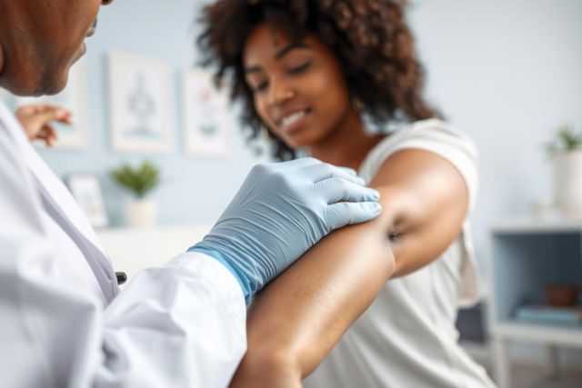 Doctor administering a flu shot to a young woman in a medical office. Healthcare scene with a focus on preventative medicine and wellness. Blue gloves, white coat, and a light blue background create a clean, clinical feel.