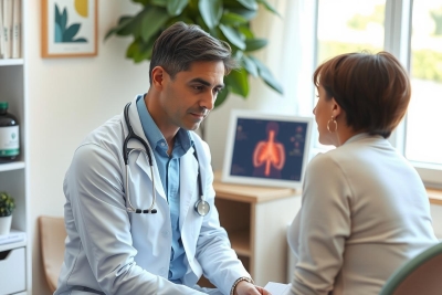 The image shows a medical setting where a doctor, identifiable by the white coat, is shaking hands with a patient. The doctor's expression suggests professionalism and concern for the patient's wellbeing.