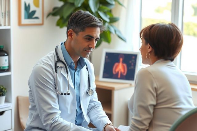 The image shows a medical setting where a doctor, identifiable by the white coat, is shaking hands with a patient. The doctor's expression suggests professionalism and concern for the patient's wellbeing.
