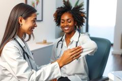 A healthcare professional in a white coat and stethoscope interacts with a patient in a medical office setting. The scene suggests a positive and supportive doctor-patient relationship. The environment is bright and modern.