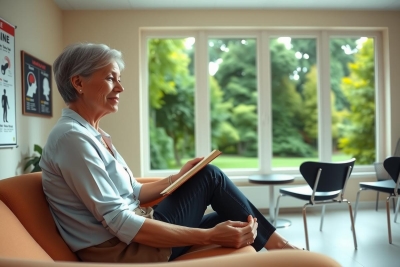 An older woman sitting on a couch, holding a clipboard or notepad. She appears to be in a relaxed and focused posture while reading or reviewing the document. The setting is an indoor office space with natural light coming through the windows, suggesting a calm environment.