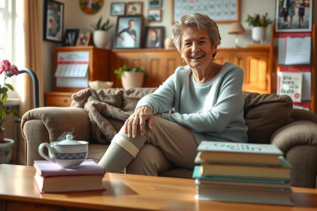 The image shows an elderly woman sitting on a couch in what appears to be a cozy living room. She is smiling and looking towards the camera with one hand resting on her knee.
