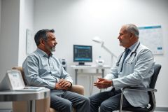 Doctor consults with a patient in a modern, bright medical office. The scene depicts a healthcare check-up with a focus on patient care and professional medical consultation. Warm neutral tones and clinical equipment are visible.