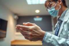 Doctor washing hands in a medical setting. Wearing a white coat and mask, showcasing hygiene practices. Sterile environment, likely a clinic or hospital. Focus on cleanliness and healthcare safety.