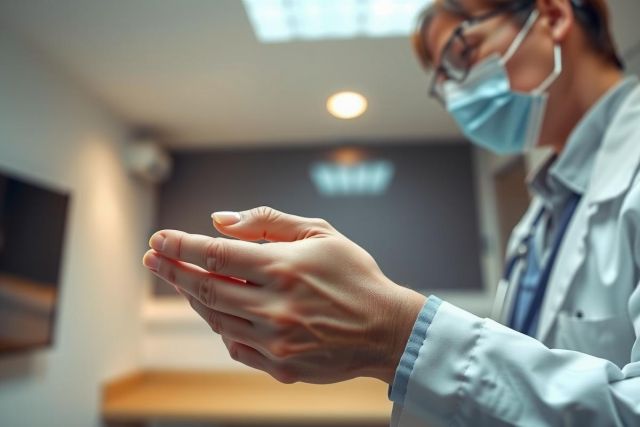 Doctor washing hands in a medical setting. Wearing a white coat and mask, showcasing hygiene practices. Sterile environment, likely a clinic or hospital. Focus on cleanliness and healthcare safety.