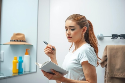The image features a woman standing in front of a bathroom mirror. She is writing on a notebook with a pen and has a focused expression. Her hair is tied back, and she is wearing a white shirt. 