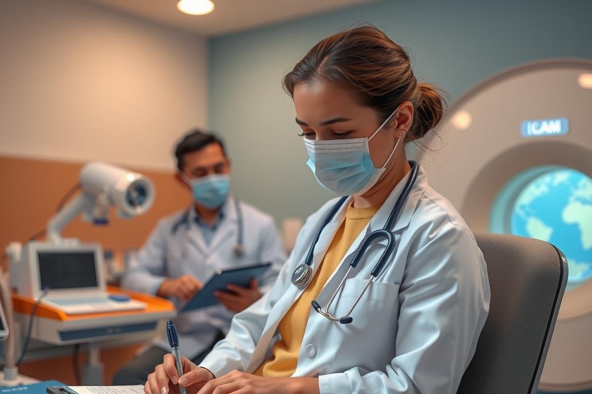 In the image, there is a male doctor wearing surgical gear sitting at a desk with a woman in medical scrubs who appears to be writing something down. They are in an environment that looks like a hospital or clinic, indicated by medical equipment and diagnostic screens visible in the background. The atmosphere suggests a professional healthcare setting where they might be discussing patient treatment plans or reviewing case notes.
