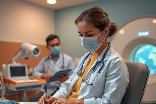 In the image, there is a male doctor wearing surgical gear sitting at a desk with a woman in medical scrubs who appears to be writing something down. They are in an environment that looks like a hospital or clinic, indicated by medical equipment and diagnostic screens visible in the background. The atmosphere suggests a professional healthcare setting where they might be discussing patient treatment plans or reviewing case notes.