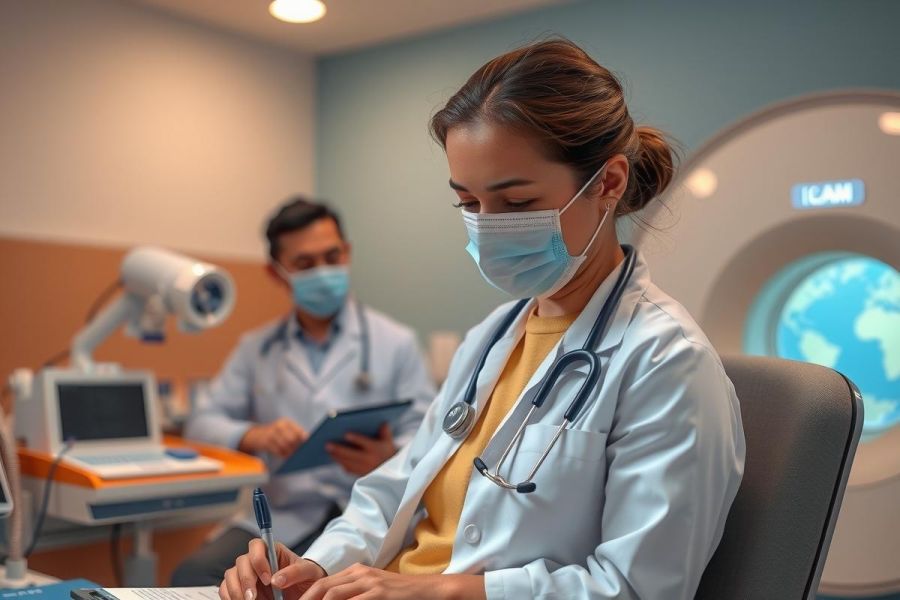 In the image, there is a male doctor wearing surgical gear sitting at a desk with a woman in medical scrubs who appears to be writing something down. They are in an environment that looks like a hospital or clinic, indicated by medical equipment and diagnostic screens visible in the background. The atmosphere suggests a professional healthcare setting where they might be discussing patient treatment plans or reviewing case notes.