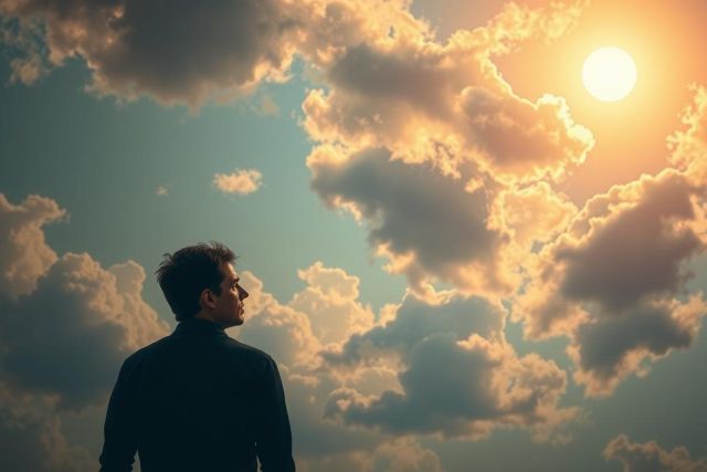 The image depicts a person standing in front of a dramatic sky, with clouds and the sun. The individual appears to be deep in thought or perhaps contemplating something as they gaze into the distance. The scene is set against a backdrop that suggests it could be either dawn or dusk due to the soft lighting and coloration of the sky.