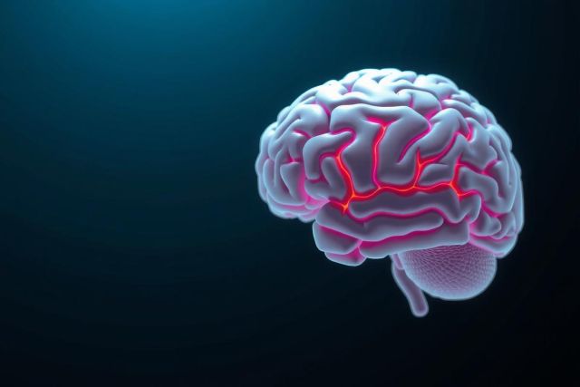The image features a 3D rendering of the human brain. The brain is detailed with red arteries and gray matter, set against a dark blue background. This visual could be used for educational or medical purposes to illustrate brain functions.