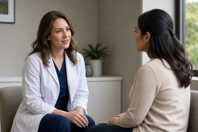 Doctor consulting with adult patient in a calm clinic office discussing respiratory symptoms.