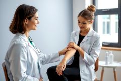 Doctor examines patient's arm during consultation in a medical office. Healthcare professional in white coat, focused on patient's health. Bright, clean environment with natural light.