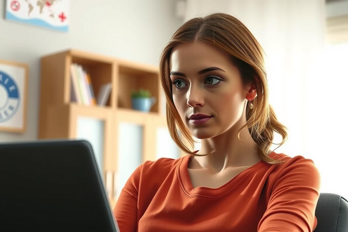 The image depicts a woman seated at a desk, working on a laptop. She is wearing an orange top and has a serious expression on her face, possibly focused or in deep thought.