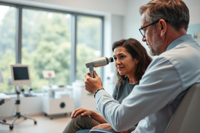 Doctor examining a patient's ear with an otoscope in a bright, modern medical clinic. The scene features a man and woman, with a focus on healthcare and audiology. Natural light streams through large windows, creating a calming atmosphere. Predominant colors are neutral tones with green foliage visible outside.