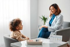 A young child sits across from a smiling doctor in a bright, modern medical office. Crayons and assessment papers are on the table, suggesting a developmental or psychological evaluation. Warm, neutral tones create a welcoming atmosphere. Focus on pediatric healthcare and child psychology concepts.