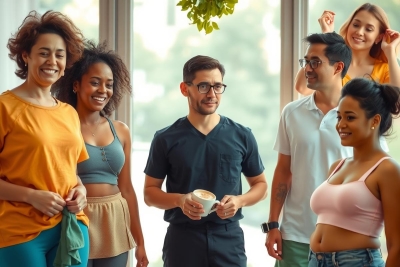 The image portrays a jovial gathering of young individuals, possibly in a casual or office environment. There is one person standing slightly apart from the group, who appears to be engaging in conversation with the others. The attire suggests comfort and informality, indicative of a relaxed atmosphere.