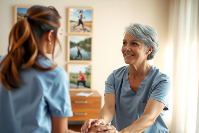 Two healthcare professionals, likely nurses given their scrubs and professional attire, engaging in a handshake. The setting appears to be an office or clinic with framed images on the wall and sunlight streaming through the window, creating a warm atmosphere.