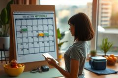 A woman stands in front of a calendar, examining her digital device which she holds close to the calendar. The setting appears to be an indoor office or workspace with natural light coming through a window behind her.
