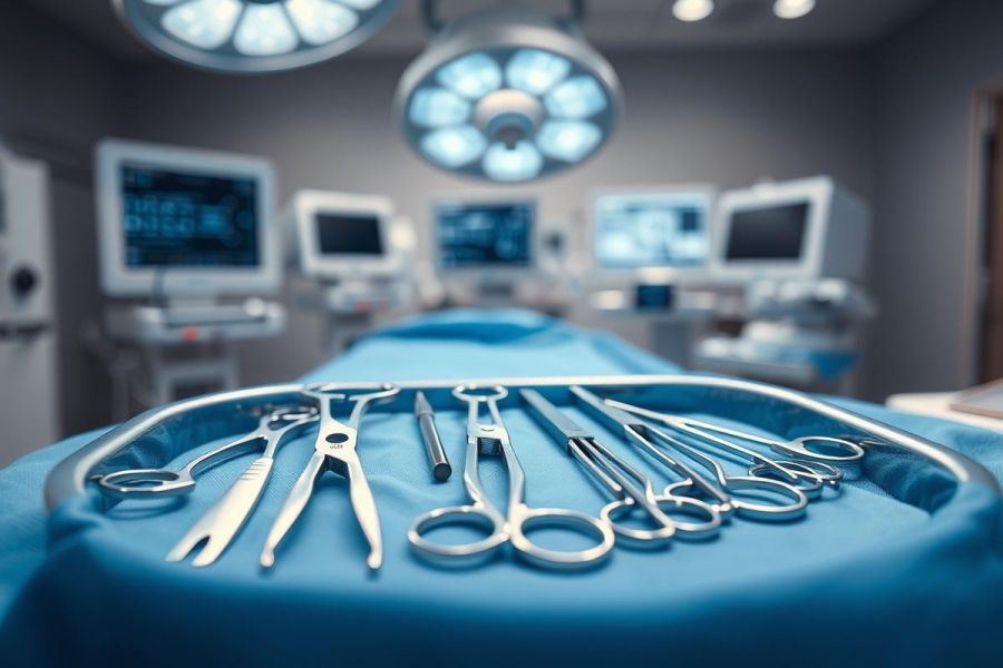 Surgical instruments laid out on a blue operating table in a modern operating room. Stainless steel tools are in focus under bright surgical lights, with monitors visible in the blurred background. Healthcare, surgery, medical equipment, sterile environment.