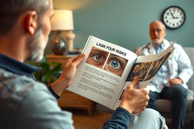 The image depicts an indoor scene where a man, presumably a patient, is sitting comfortably on a couch, holding a medical book or brochure with one hand. He appears to be engaged in reading the contents of the book. The room is well-lit and has a relaxed ambiance. 